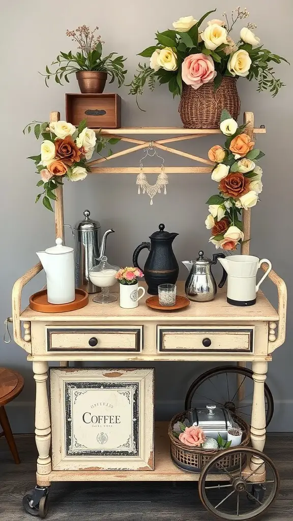 A vintage coffee cart with a large wheel, decorated with coffee-making essentials and flowers.