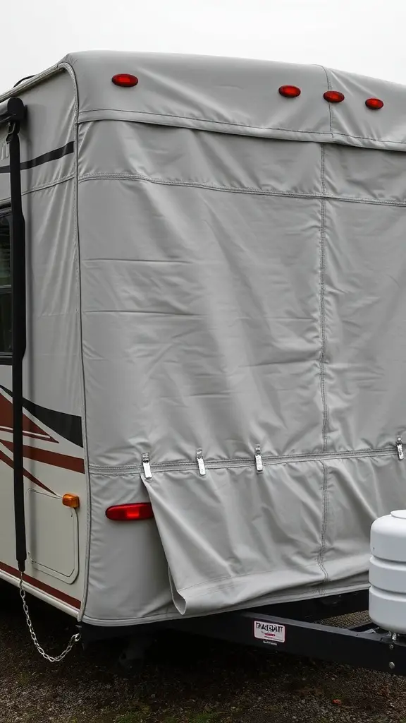 15+ Stylish RV Covers with Deck Designs to Elevate Your Outdoor Space 12 A gray RV cover securely fitted over a recreational vehicle, showcasing safety features like straps and reflective strips.