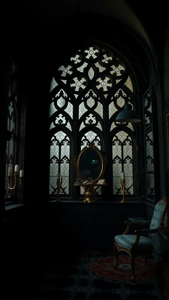 25+ Stunning Dark Feminine Decor Ideas for Your Room 8 A gothic-inspired room featuring tall ornate windows, a vintage chair, and golden accents.