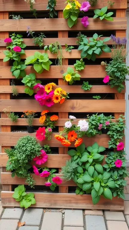 21 Creative Container Garden Ideas for Small Spaces 7 A vertical pallet garden filled with colorful flowers and herbs.