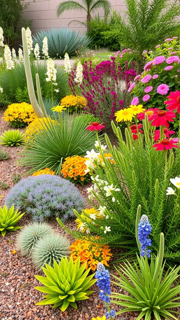 27+ Creative Xeriscape Landscaping Ideas for a Sustainable Garden 10 A colorful xeriscape garden featuring various drought-resistant plants, including succulents, flowers, and shrubs.