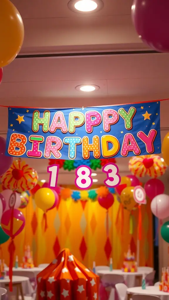 19+ Fun and Creative 1st Birthday Party Ideas for Your Little One 10 Colorful birthday banner saying 'Happy Birthday 183' with balloons and festive decorations.