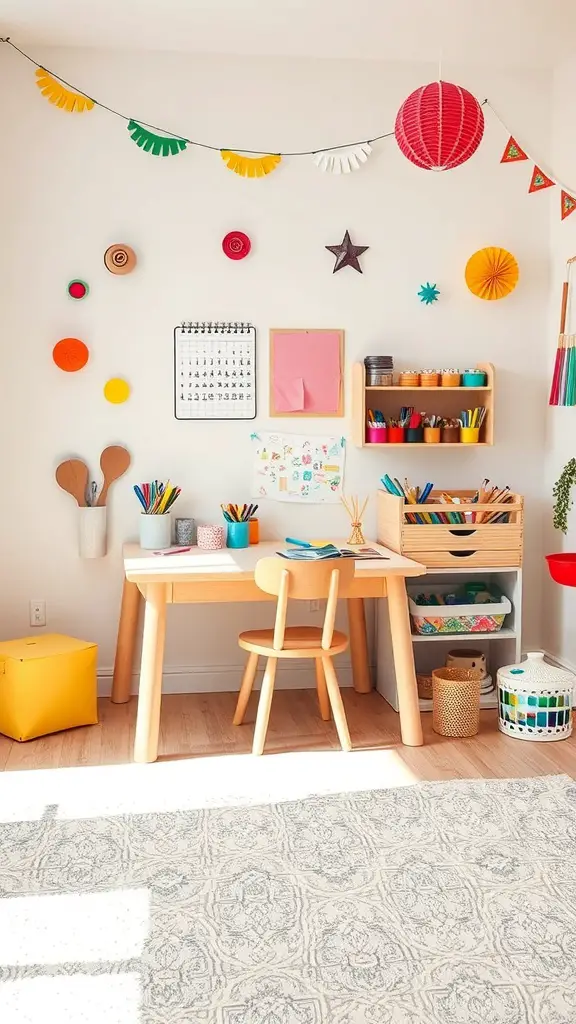 21+ Creative Kids Room Interior Design Ideas for Every Style 12 A colorful kids' craft space with a table, chairs, and various art supplies.