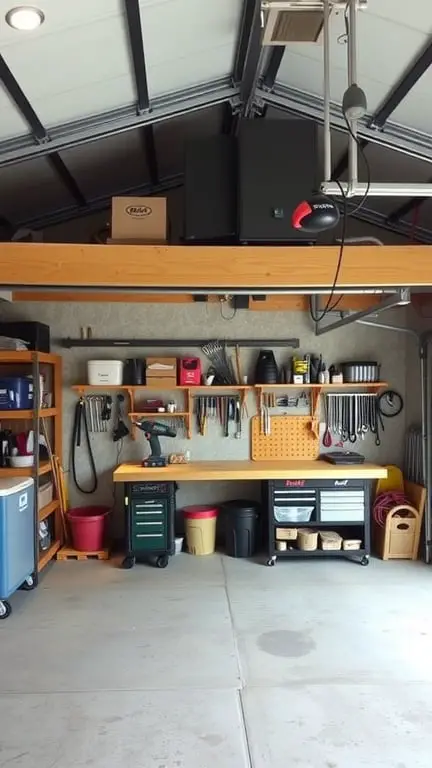 19+ Creative Garage Loft Storage Ideas You Need to Try 5 A well-organized garage with a loft for storage and tools neatly arranged on the wall.