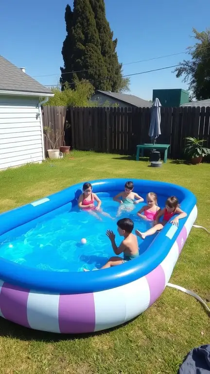 19+ Amazing Homemade Swimming Pools You'll Want to Dive Into 2 Kids enjoying a colorful inflatable pool in a backyard