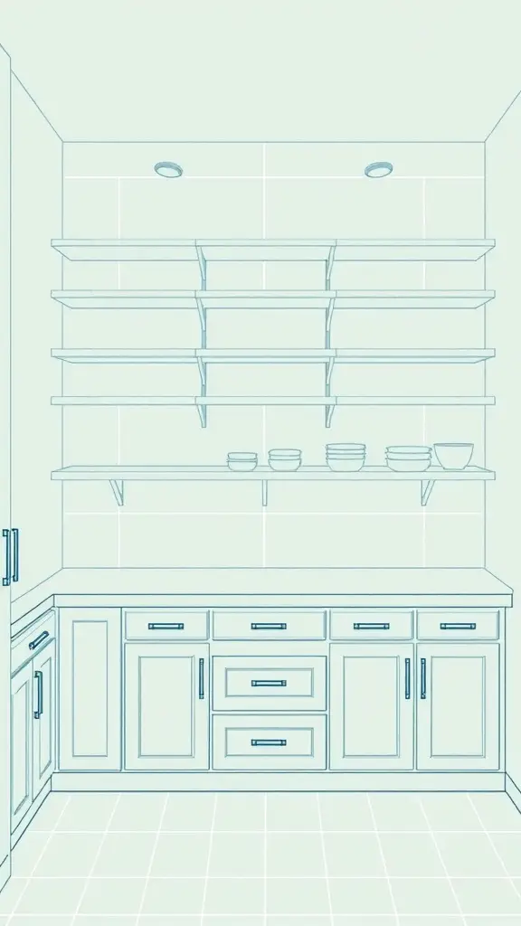 25+ Creative Built-In Pantry Cabinet Wall DIY Ideas 2 Blueprint of a pantry cabinet layout with shelves and drawers