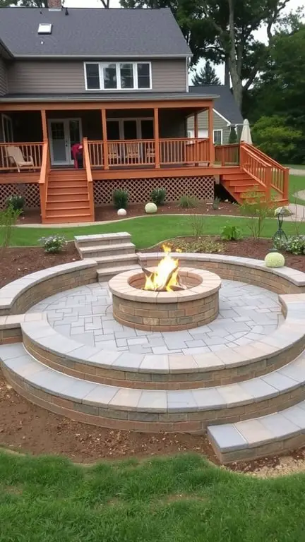 21+ Stunning Firepit Backyard Landscaping Ideas You’ll Love 12 A multi-level firepit space with a circular layout, surrounded by stone seating and a cozy atmosphere.