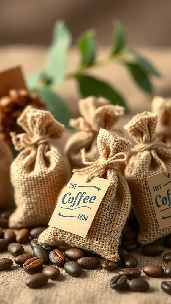 17 Creative Coffee Baby Shower Ideas You’ll Love 2 Burlap bags filled with coffee beans, tied with string and labeled, surrounded by coffee beans on a table.