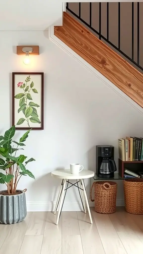 27+ Charming Small Coffee Bar Ideas to Transform Your Space 2 Cozy coffee nook under the stairs with a small table, coffee maker, and potted plant.