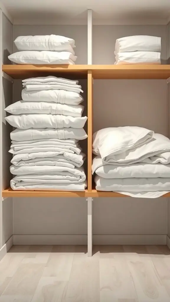 Neatly folded linens stacked on wooden shelves in a linen closet.
