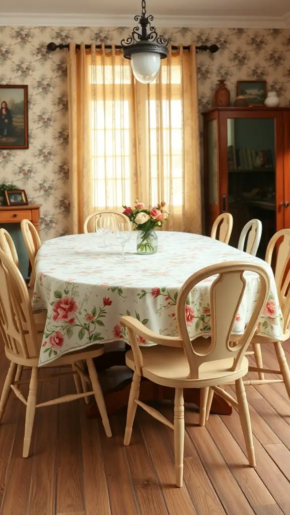 21+ Enchanting Cottagecore Kitchen Ideas to Transform Your Space 7 A cozy kitchen with a vintage floral tablecloth on a round table, surrounded by wooden chairs and a vase of flowers.