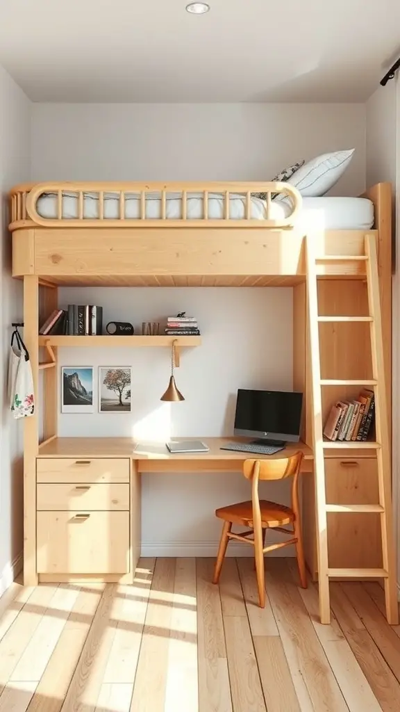 15+ Creative Adult Bunk Bed Ideas for Small Rooms 8 A wooden loft bed with a desk underneath, showcasing a workspace with a computer and lamp.