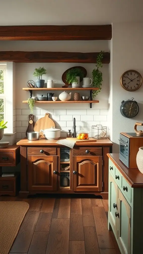 15+ Stunning Unfitted Kitchen Ideas to Transform Your Space 2 A cozy kitchen featuring freestanding wooden furniture with open shelves and decorative plants.