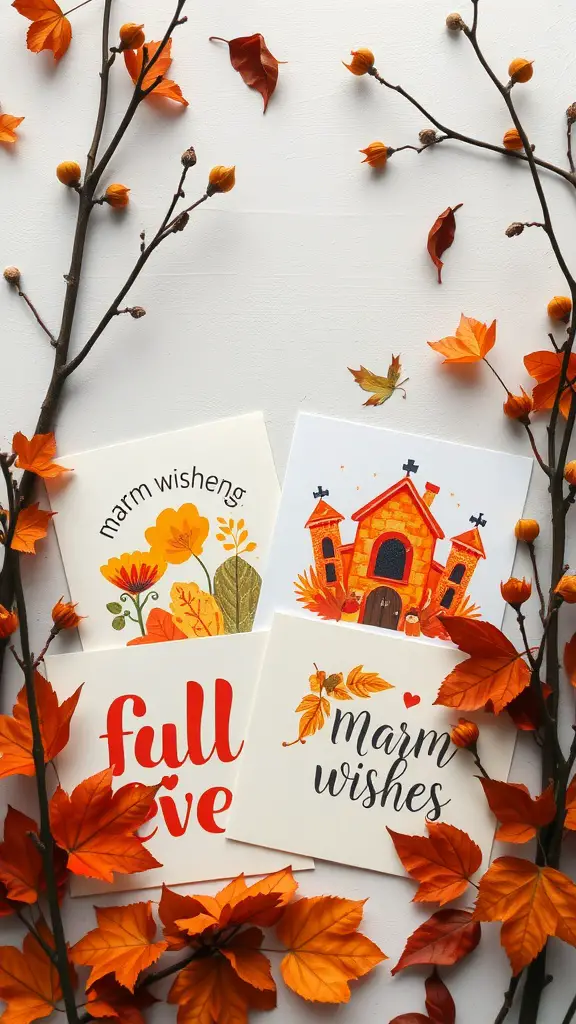 23+ Creative Fall Crafts to Sell This Season 7 A collection of autumn-themed greeting cards surrounded by colorful leaves and branches.