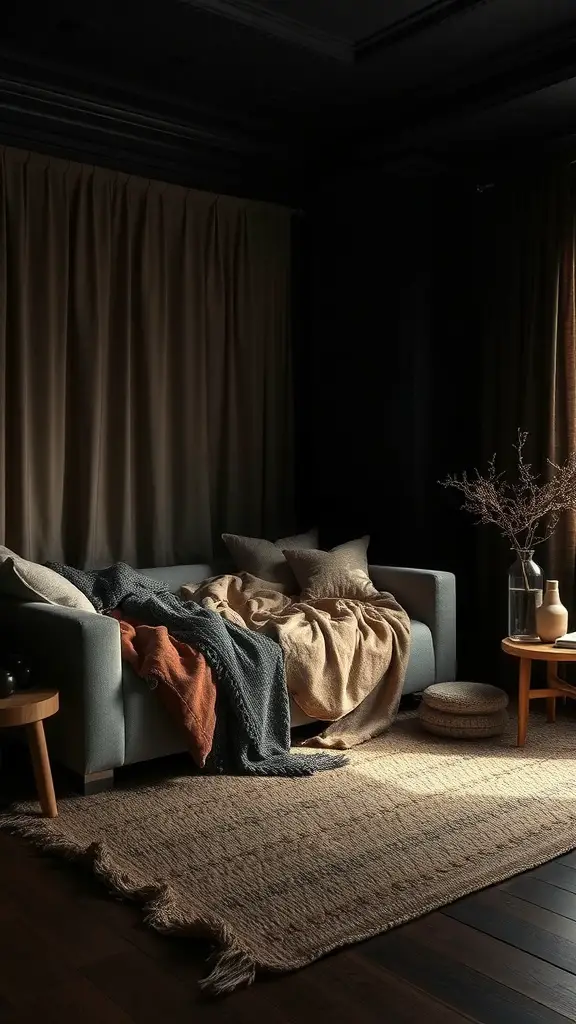 25+ Stunning Dark Feminine Decor Ideas for Your Room 2 A cozy room featuring layered fabrics, including soft blankets and curtains, creating a warm atmosphere.