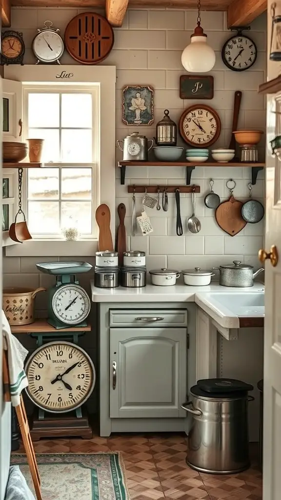 A cozy cottage kitchen with vintage decor, featuring wall clocks, wooden utensils, and a classic scale.