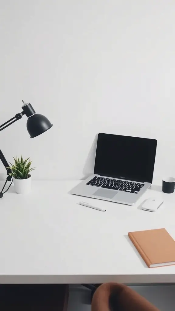 15 Must-Try Desk Organization Ideas for a Tidy Workspace 3 A minimalist desk setup featuring a laptop, a lamp, a plant, and a notebook on a clean white desk.