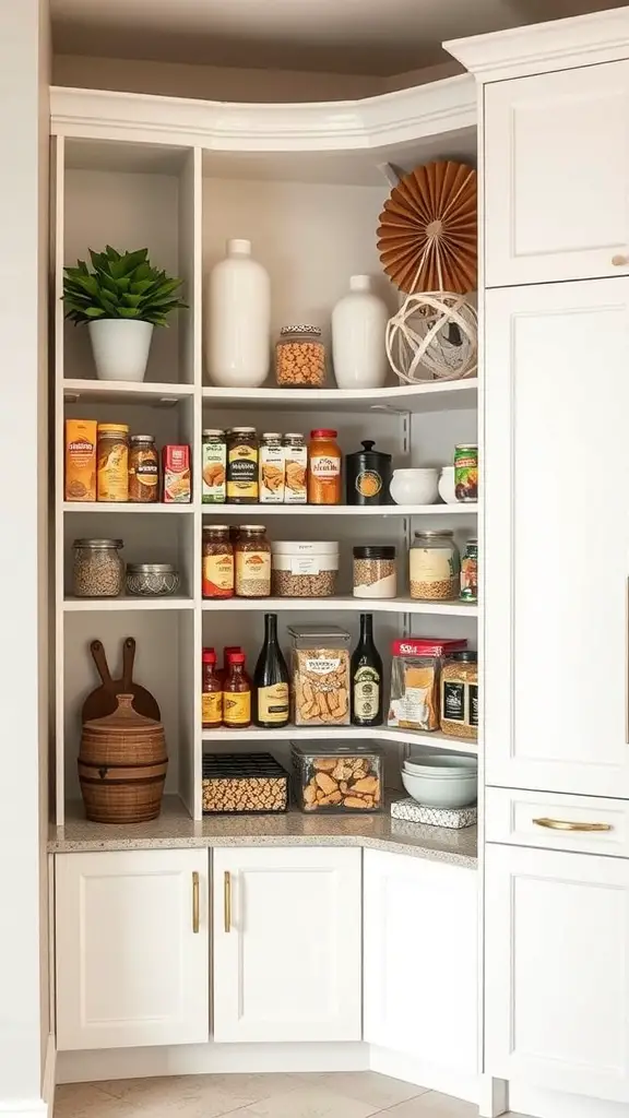 25+ Creative Corner Kitchen Pantry Ideas You’ll Love 2 Organized corner kitchen pantry with jars, containers, and decorative elements.