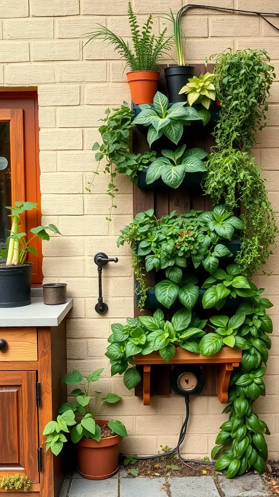 23+ Inspiring Backyard Kitchen Ideas to Elevate Your Outdoor Cooking Experience 2 Vertical garden with various green plants growing on a wall-mounted structure.