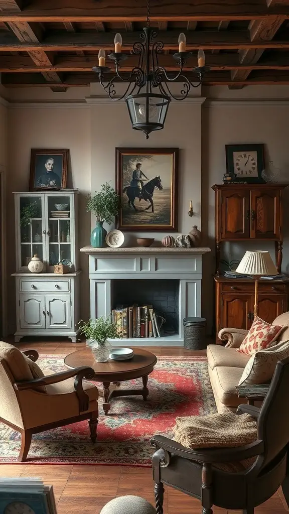 27+ Stunning Pottery Barn Living Room Ideas You’ll Love 15 A cozy living room featuring vintage furniture, a chandelier, and warm wood accents.