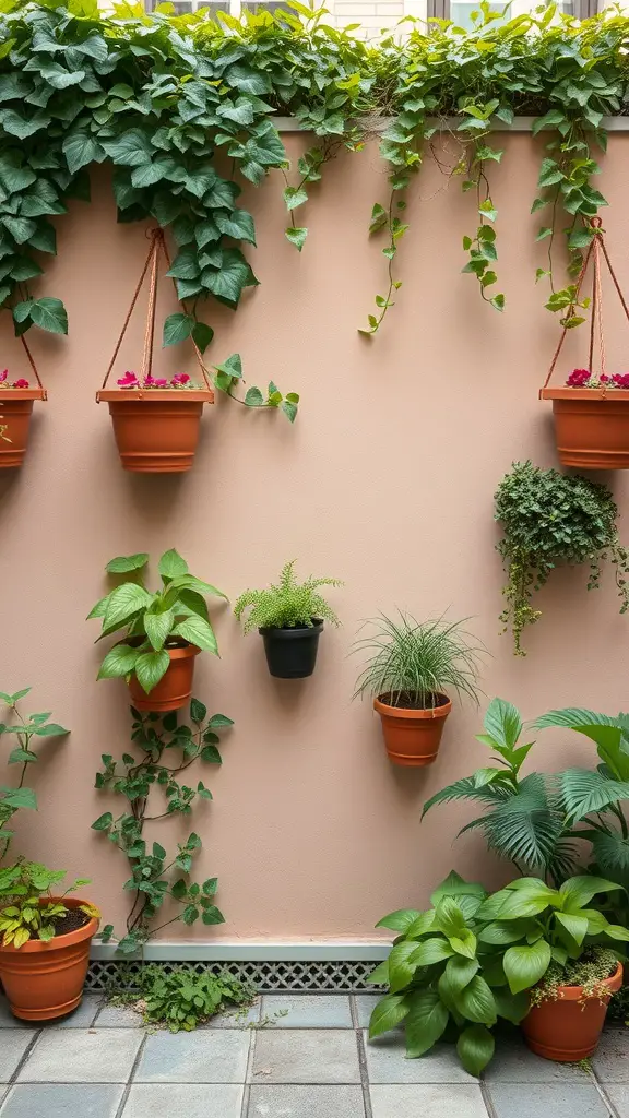 19+ Creative Privacy Wall Ideas for Your Deck 4 A privacy wall with hanging pots and various plants creating a cozy outdoor space.