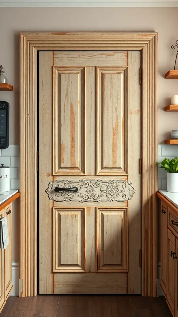 25+ Creative Pantry Door Ideas to Maximize Space and Style 2 A vintage wooden pantry door with an ornate handle and natural wood grain.