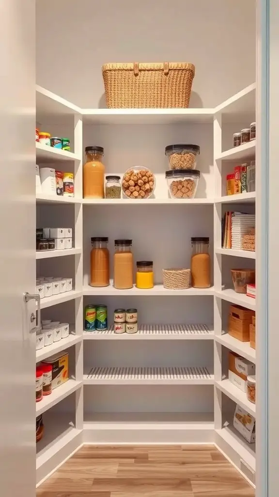 19+ Creative Small Corner Pantry Ideas to Maximize Your Space 2 A small corner pantry with adjustable shelving, featuring organized jars and baskets.