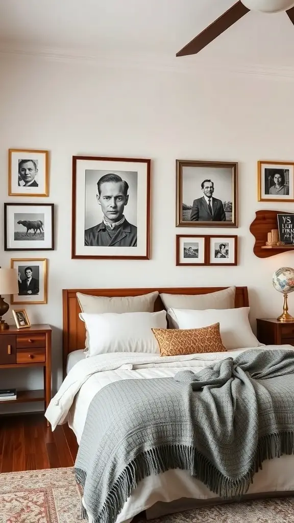 A bedroom wall with a collection of framed black-and-white portraits and landscapes, featuring a wooden bed and nightstand.