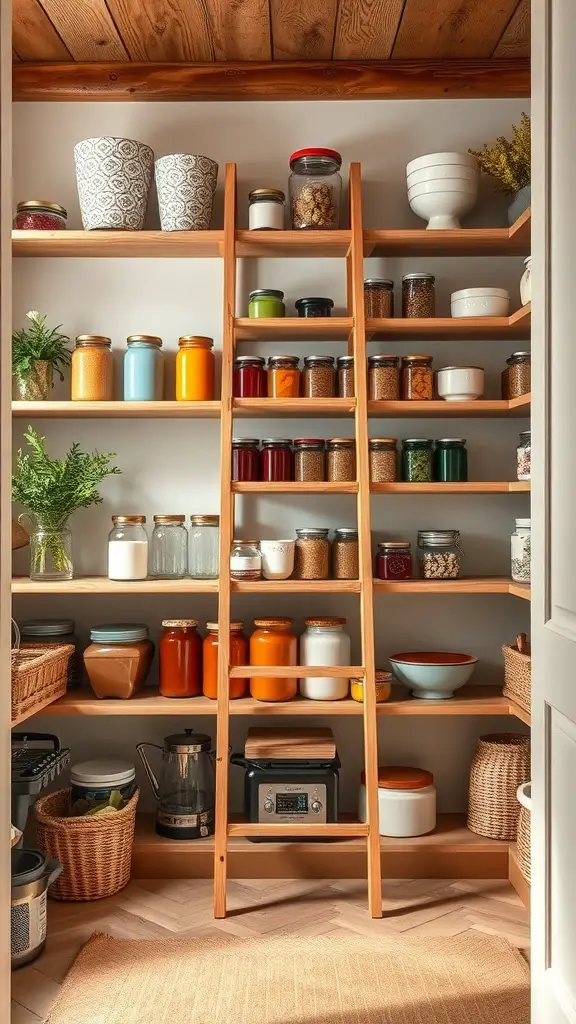 17+ Stylish DIY Pantry Shelf Ideas to Organize Your Space 2 A modern pantry with wooden ladder shelves filled with jars and baskets.