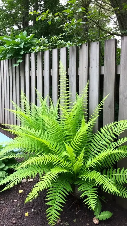 19+ Stunning Backyard Plants to Grow Along Your Fence 11 A vibrant fern growing next to a wooden fence in a backyard setting.