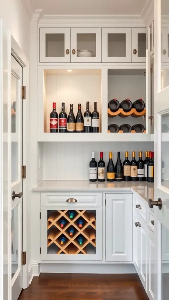 A stylish butler's pantry featuring a wine rack with various bottles of wine.