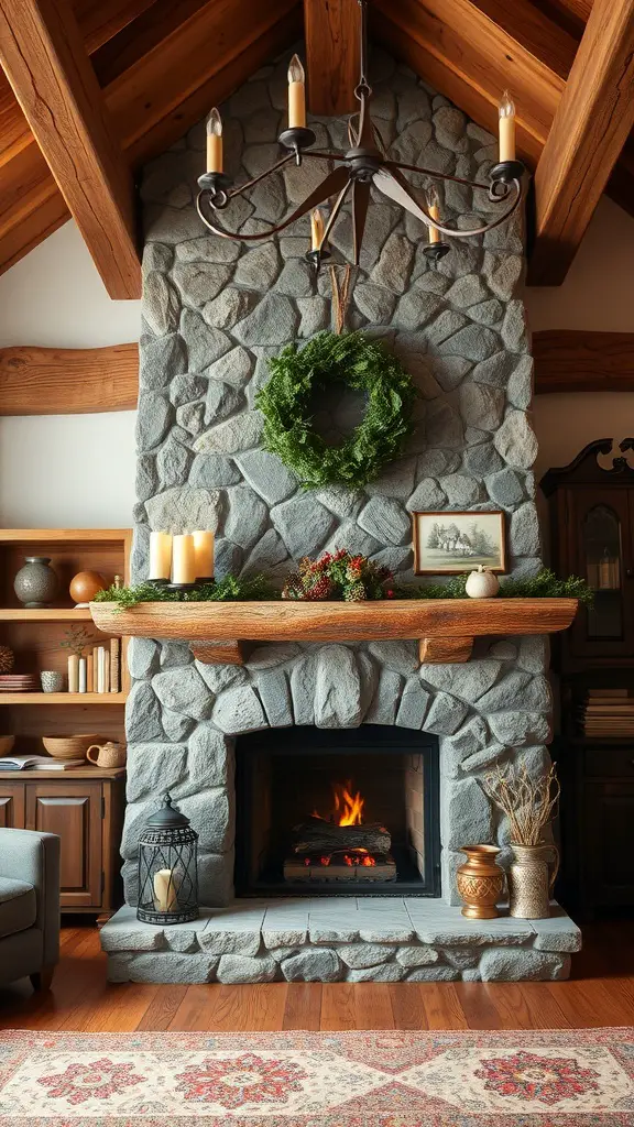 25+ Cozy Living Room Fireplace Ideas for a Warm Atmosphere 7 A rustic stone fireplace with a wooden mantel, candles, and a wreath, set in a cozy living room.