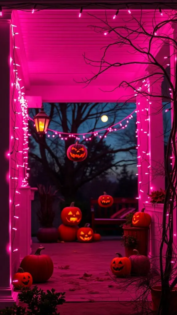 23+ Stunning Pink Halloween Decor Ideas for a Unique Celebration 10 A porch decorated with pink fairy lights and carved pumpkins for Halloween.