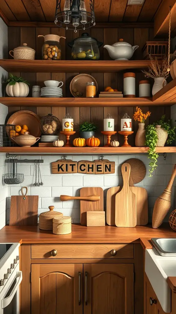 21+ Stunning Fall Kitchen Decor Ideas to Elevate Your Space 2 A cozy kitchen with rustic wooden accents, featuring shelves filled with wooden items, pumpkins, and greenery.