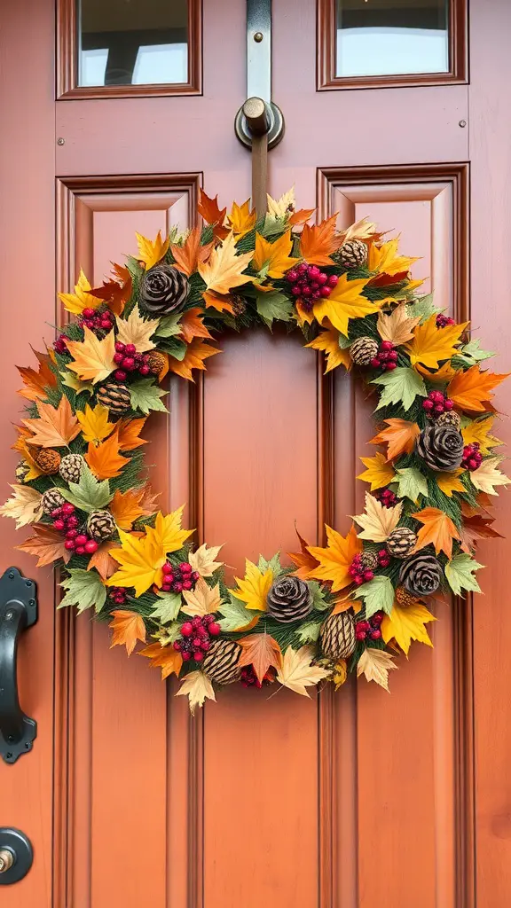 Autumn-inspired wreath with colorful leaves, pinecones, and berries on a wooden door.