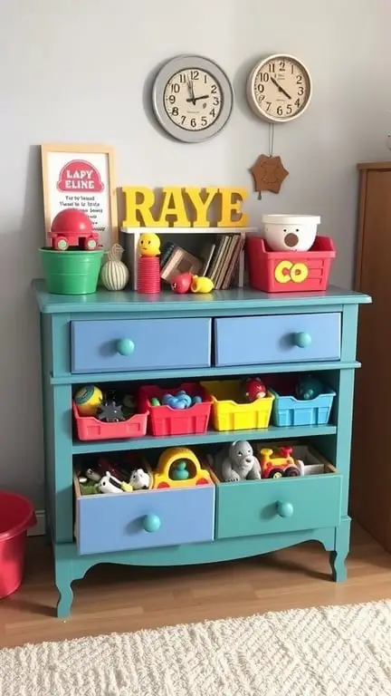 23+ Creative Toy Storage Ideas for a Clutter-Free Home 6 Colorful dresser with toy storage bins and decorative items
