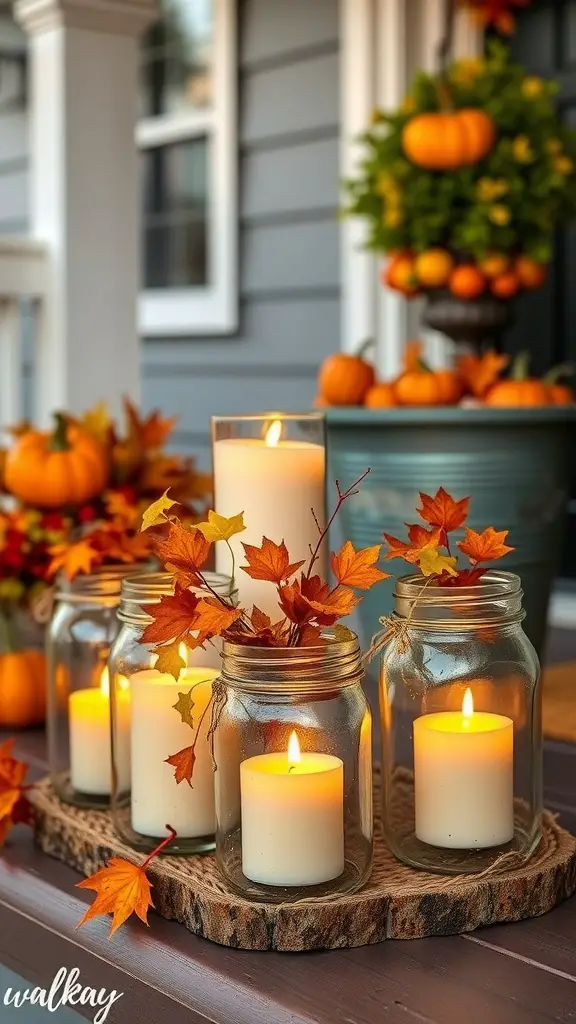 27+ Cozy Fall Porch Decorating Ideas to Try This Season 4 Candle arrangements in mason jars surrounded by autumn leaves and pinecones on a porch