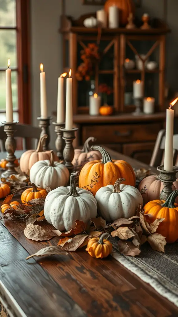 23 Vintage Fall Decor Ideas to Warm Your Home 2 A rustic table centerpiece featuring various pumpkins, candles, and autumn leaves.