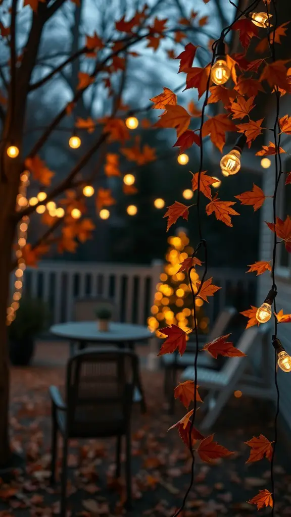 15 Stunning Fall Thanksgiving Decor Ideas You'll Love 2 A cozy outdoor setting with string lights and autumn leaves, creating a warm atmosphere.