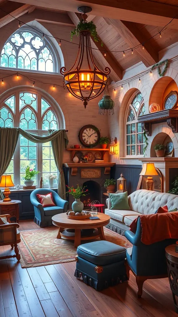 25+ Stylish Bloxburg Living Room Ideas You’ll Love 17 A whimsical fantasy-themed living room with large arched windows, cozy furniture, and warm lighting.