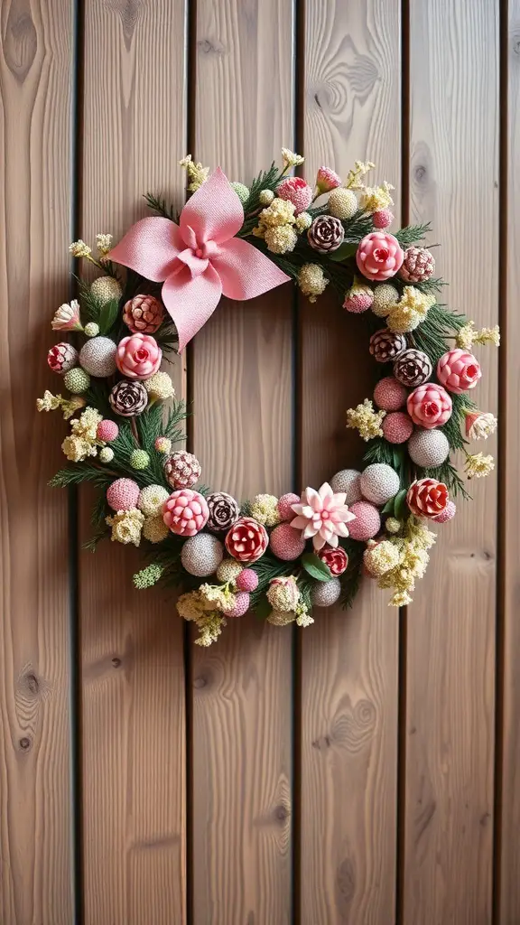 A vintage-inspired pink wreath featuring pink pinecones, flowers, and a large pink bow.