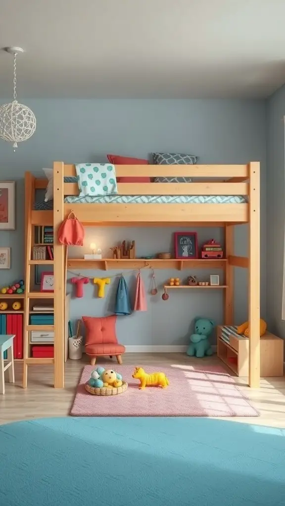 25+ Creative Loft Bed Ideas for Small Rooms 16 A colorful loft bed with a play area underneath, featuring toys, shelves, and a cozy rug.