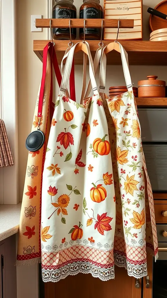 37+ Charming Fall Sewing Projects to Cozy Up Your Home 13 A collection of colorful fall-themed aprons hanging in a kitchen, featuring pumpkins and autumn leaves.