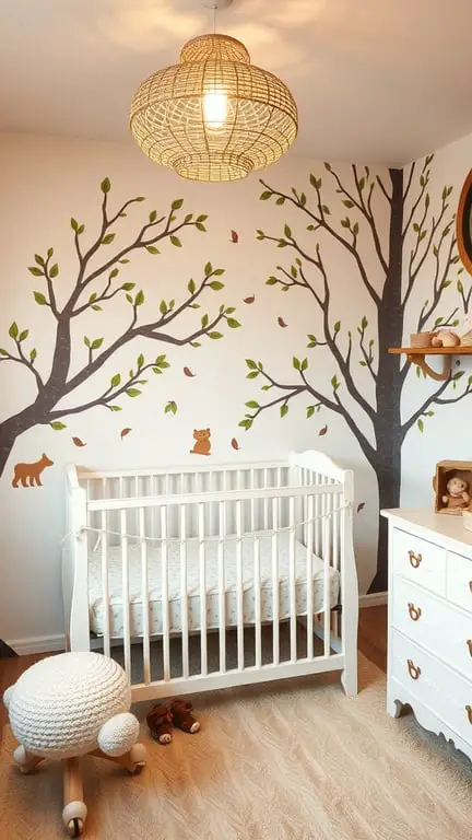 25+ Adorable Newborn Room Ideas to Inspire Your Nursery Design 7 A nature-inspired nursery featuring tree murals, a white crib, and a woven light fixture.