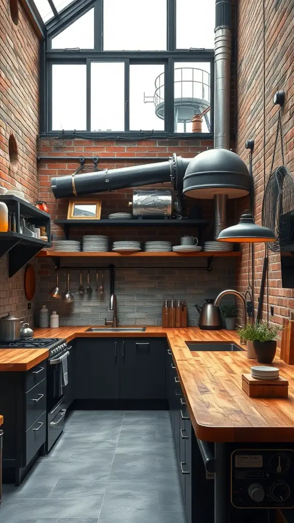 23+ Creative Bloxburg Kitchen Ideas to Transform Your Space 10 A chic industrial style kitchen featuring exposed brick walls, black cabinetry, wooden countertops, and large windows.