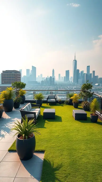 17+ Inspiring Turf Backyard Ideas for a Gorgeous Outdoor Space 2 A rooftop terrace with artificial turf, modern seating, and city skyline in the background.