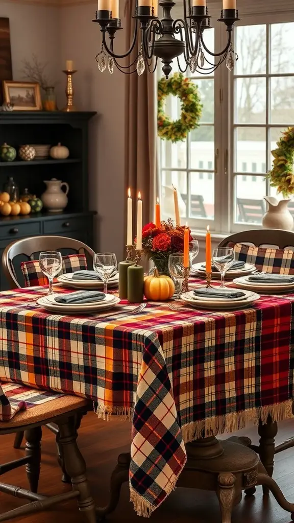 15 Stunning Fall Thanksgiving Decor Ideas You'll Love 6 A cozy dining table set with plaid table linens, candles, and fall decorations.