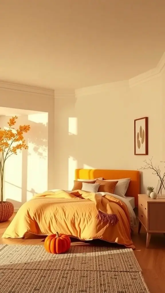 33+ Cozy Fall Bedroom Decor Ideas to Transform Your Space 2 A cozy bedroom with warm orange decor, featuring a pumpkin and plants.