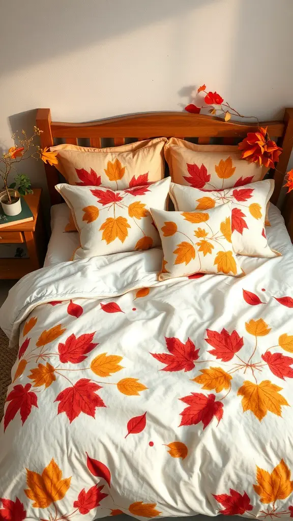 33+ Cozy Fall Bedroom Decor Ideas to Transform Your Space 4 A cozy bed with autumn-themed linens featuring colorful leaves.