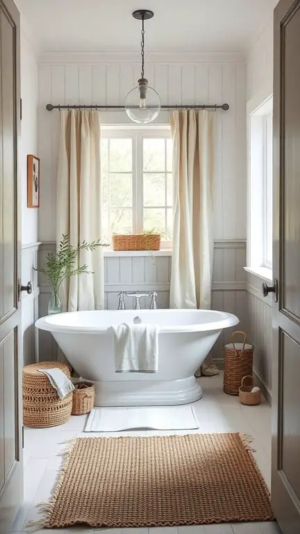 31+ Inspiring Farmhouse Bathroom Ideas You’ll Love 14 A cozy farmhouse bathroom featuring a white tub, neutral curtains, and woven textures.